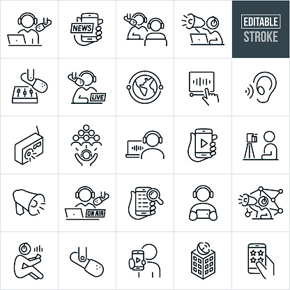 A set of podcast icons that include editable strokes or outlines using the EPS vector file. The icons include a podcaster recording a podcast from his studio using a microphone and headphones while on laptop, hand holding a smartphone with news on the screen, global communications, podcast host using a bullhorn to shout, soundboard with microphone, radio playing, podcaster doing an interview with a guest host, listening ear,  playing podcast online, podcast host doing a live show, podcaster reaching a large audience, consumer on laptop listening to a podcast using earphones, hand holding a smartphone with a play button on the screen, podcast host in front of a camera recording a video podcast, bullhorn, podcaster recording a podcast with an 