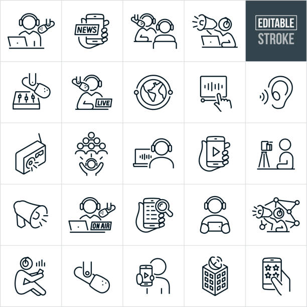 Podcast Thin Line Icons - Editable Stroke A set of podcast icons that include editable strokes or outlines using the EPS vector file. The icons include a podcaster recording a podcast from his studio using a microphone and headphones while on laptop, hand holding a smartphone with news on the screen, global communications, podcast host using a bullhorn to shout, soundboard with microphone, radio playing, podcaster doing an interview with a guest host, listening ear,  playing podcast online, podcast host doing a live show, podcaster reaching a large audience, consumer on laptop listening to a podcast using earphones, hand holding a smartphone with a play button on the screen, podcast host in front of a camera recording a video podcast, bullhorn, podcaster recording a podcast with an "on air" sign, internet search on smartphone for podcasts to choose from, podcast station, radio host, radio host broadcasting from studio, radio host doing an interview with a guest and other related icons. television host stock illustrations