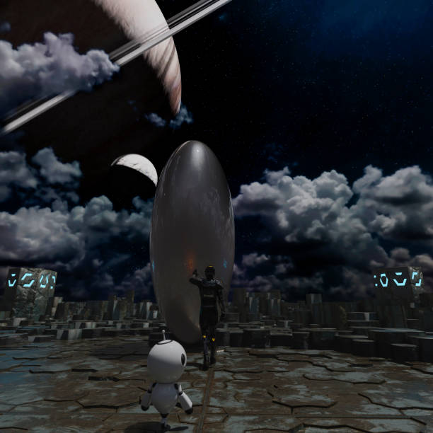 istock Astronaut and small robot facing a strange egg-shaped object at the spacewalk on a dark planet 1405892635