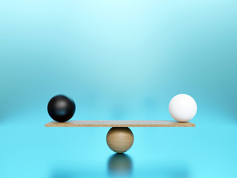 3d render, balancing balls placed on scales or weigher, on blue background with copy space