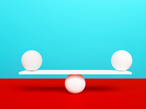 3d render, balancing balls placed on scales or weigher, on the blue and red background