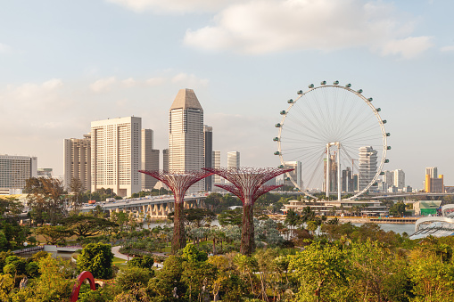 Marina bay , Singapore - June 18 , 2015: People enjoying their weekend with Singapore flyer at marina bay and cityscape is a popular tourist attraction in the Marina District of Singapore.