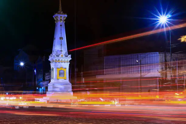 Yogyakarta, Indonesia - March 19 2019: Tugu jogja or often called the white paal, is a symbol of the city yogyakarta indonesia