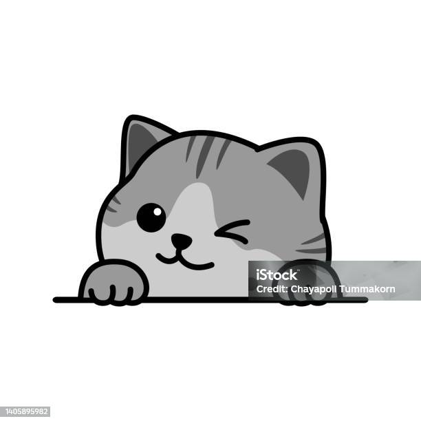 Kucing Lucu Mengintip Dan Mengedipkan Mata Kartun Mata Ilustrasi Vektor