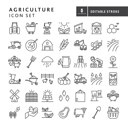 Vector illustration of a big set of farm and agriculture icon concepts thin line style icons. Includes, harvesting, livestock, bee keeping, farm to table, cash crop prices, irrigation, solar power, growth, planting, seeding concepts, crops dairy farming, on white background with no white box below. Fully editable for easy editing. Simple set that includes vector eps and high resolution jpg in download.