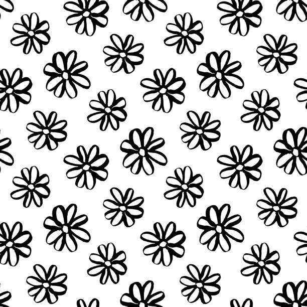 Small beautiful black ink flowers isolated on white background. Cute monochrome floral seamless pattern. Vector simple flat graphic hand drawn illustration. Texture. Small beautiful black ink flowers isolated on white background. Cute monochrome floral seamless pattern. Vector simple flat graphic hand drawn illustration. Texture. daisy flower spring marguerite stock illustrations