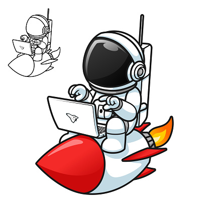 Cute Astronaut Playing Laptop on Rocket with Black and White Line Art Drawing, Science Outer Space, Vector Character Illustration, Outline Cartoon Mascot Logo in Isolated White Background
