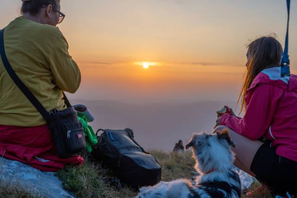 istock People sitting in meadow and watching romantic colourful sunset 1405906673