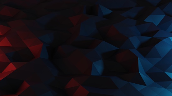 Geometric background. Triangle texture. 3D art trend. Neon red blue black color gradient mosaic structure modern minimal CG 3D graphic design dark abstract surface.