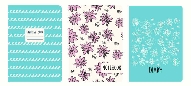 Cover page templates based on patterns with flowers in Ditzy style, gridlines. Headers isolated, replaceable Set of cover page templates based on patterns with anemone, poppy flowers in Ditzy style and gridlines. Backgrounds for notebooks, notepads, diaries. Headers isolated and replaceable workbook paper checked mesh stock illustrations