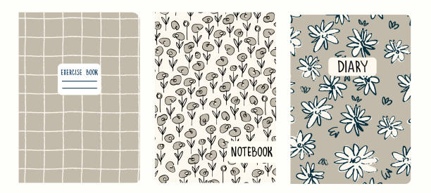 Cover page templates based on patterns with flowers in Ditzy style, gridlines. Headers isolated, replaceable Set of cover page templates based on patterns with anemone, poppy flowers in Ditzy style and gridlines. Backgrounds for notebooks, notepads, diaries. Headers isolated and replaceable workbook paper checked mesh stock illustrations