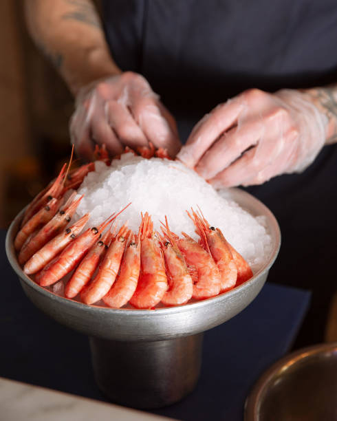 gamberi giganti con limone e ghiaccio. - shrimp prepared shrimp prawn prepared prawn foto e immagini stock