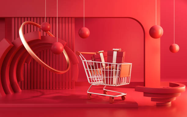 Shopping cart with geometric background, 3d rendering.