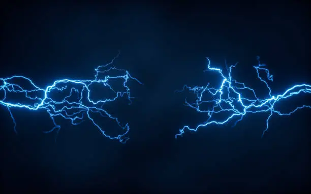 Photo of Blue lightning with dark background, 3d rendering.