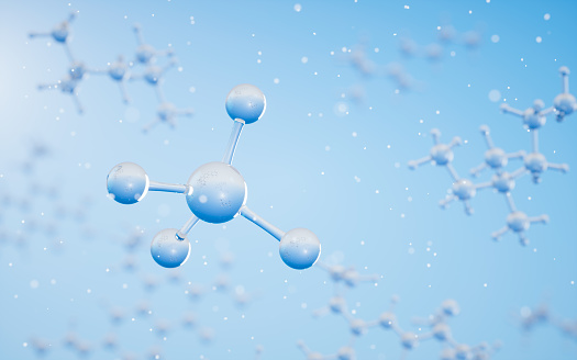 Chemical molecule with blue background, 3d rendering. Computer digital drawing.