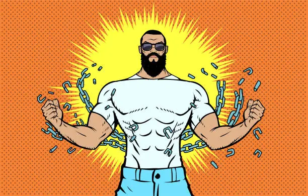 Vector illustration of Vector Pop Art Strong Bearded Man Breaking Chains Stock illustration