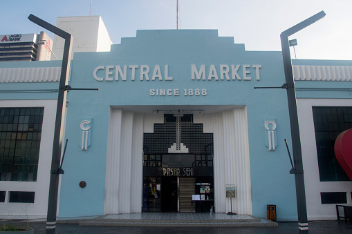 Kuala Lumpur, Malaysia - Jun 09, 2022: Main entrance of art deco building called Central Market in Kuala Lumpur. The market was constructed in 1888