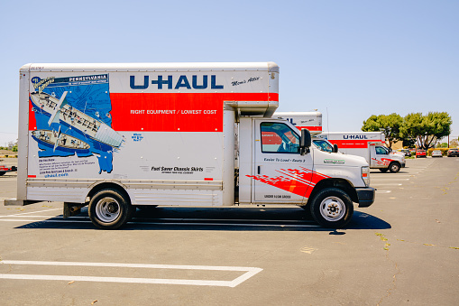 Santa Maria, California, USA-June 29, 2022.  U-Haul moving van garage and parking lot in Santa Maria, California. U-Haul company offers moving and storage solutions.