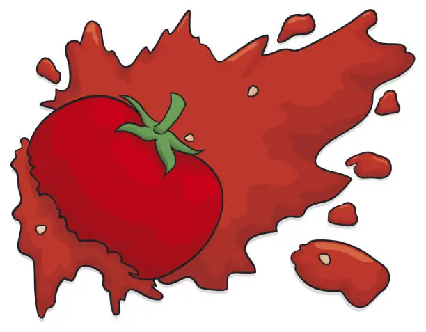 Vector illustration of Tomato crashed in a wall, and spreading juice and seeds, Vector illustration