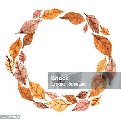 istock Brown leaves wreath watercolor for decoration on autumn and rustic nature. 1405919019