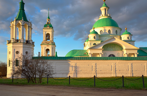 Spaso-Yakovlevsky Orthodox Monastery. Towers and walls of the monastery, domes of the Dimitrievsky Cathedral, Russian architecture of the XVIII century. Rostov, Yaroslavl region, Russia, 2022