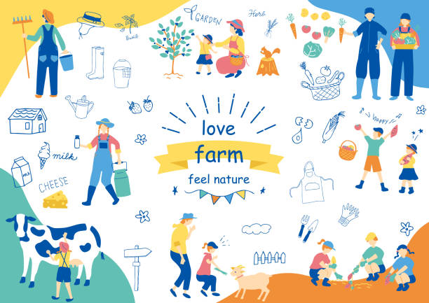 ilustraciones, imágenes clip art, dibujos animados e iconos de stock de ilustración de agricultores y personas que disfrutan de la experiencia de la ganadería lechera - plowed field field fruit vegetable