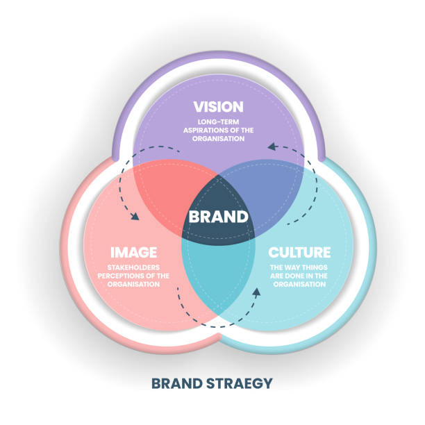 ilustrações, clipart, desenhos animados e ícones de a ilustração vetorial da estratégia da marca venn diagrama tem vison, imagem e cultura é fundamental para ajudar a competir com sucesso. cultura de marca e conceito de estratégia de negócios. apresentação infográfica. - marcar a ferro quente