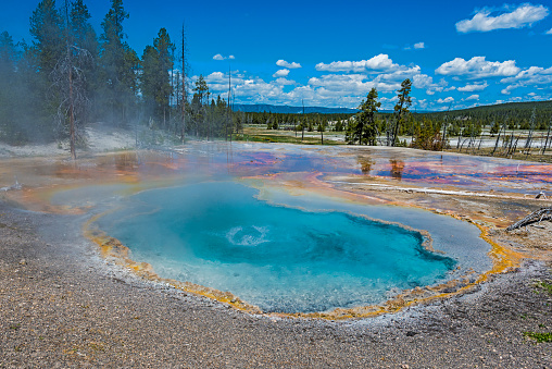 Firehole Spring on the Firehole Lake Drive in Lower Geyser Basin at Yellowstone National Park, Wyoming.