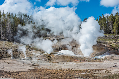 Fumarole geothermal activity in Norris Geyser Basin of Yellowstone National Park, Wyoming. Lots of steam coming out of the ground.