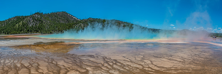 Grand Prismatic Spring, Midway Geyser Basin, Yellowston National Park, Wyoming.  Showing the hot spring and water with the colorful bacteria giving an orange to brown colors. It is the largest hot spring in the United States. Microbial mats of color.