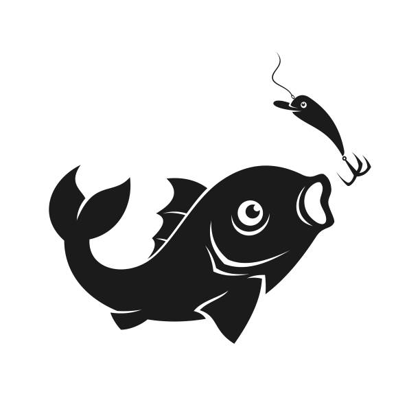 illustrazioni stock, clip art, cartoni animati e icone di tendenza di pesce che cattura un'esca - ritaglia la silhouette vettoriale - fish catch of fish catching dead animal
