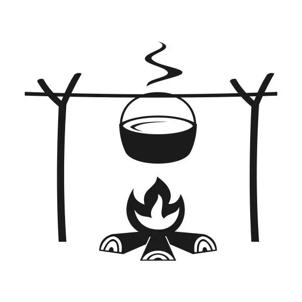 Vector illustration of Camping pot silhouette over campfire