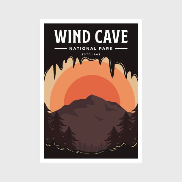 illustrazioni stock, clip art, cartoni animati e icone di tendenza di disegno dell'illustrazione vettoriale del poster del parco nazionale della grotta del vento - stalactite