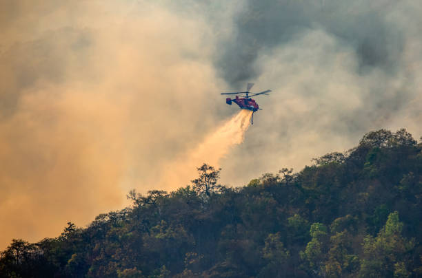 Fire fighting helicopter dropping water onto wildfire Fire fighting helicopter dropping water onto wildfire siberia summer stock pictures, royalty-free photos & images