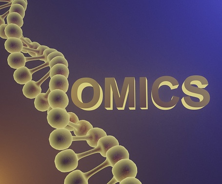 OMICS with DNA strand in the dark background 3d rendering