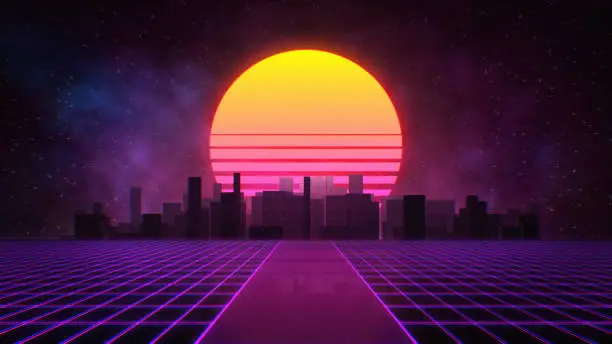 Sunset, Grid, and City 80s Retrowave Background