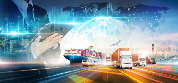 istock Smart logistics networks distribution of businessman using tablet and delivery transport technology concept, Container cargo freight ship and truck at industrial port, Global business import export 1405926799