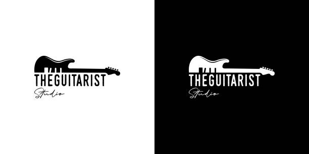 vintage, hipster, retro, line art gitarre logo, musik logo design vektor - akkord stock-grafiken, -clipart, -cartoons und -symbole