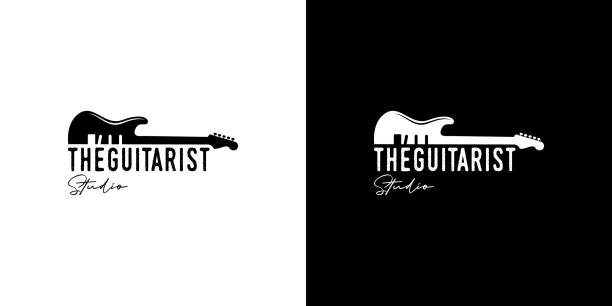 ilustraciones, imágenes clip art, dibujos animados e iconos de stock de vintage, hipster, retro, logotipo de guitarra de arte de línea, vector de diseño de logotipo de música - guitarra