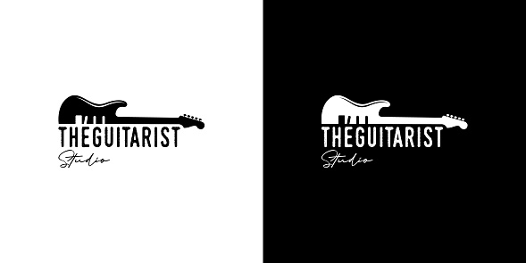 vintage, hipster, retro, line art guitar logo, music logo design vector
