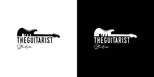 vintage, hipster, retro, line art guitar logo, music logo design vector vintage, hipster, retro, line art guitar logo, music logo design vector notes on guitar neck stock illustrations
