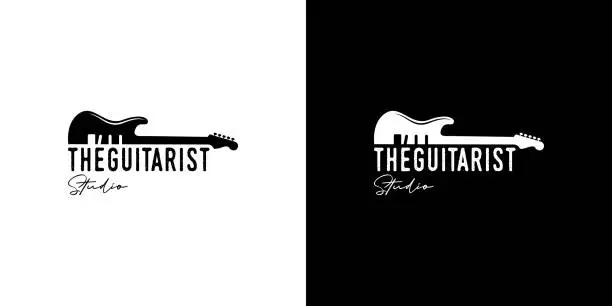 Vector illustration of vintage, hipster, retro, line art guitar logo, music logo design vector