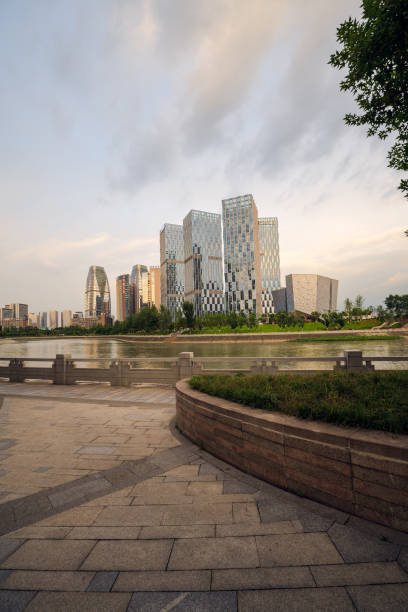 istock Riverside modern city at dusk 1405929382