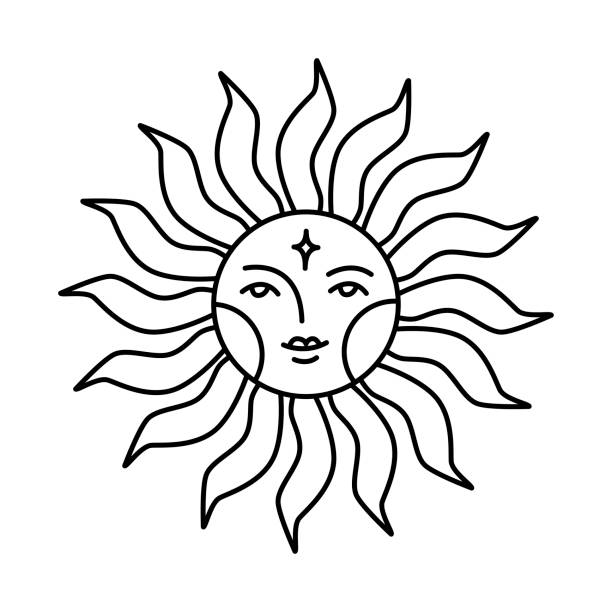 ilustrações de stock, clip art, desenhos animados e ícones de decorative sun with an anthropomorphic face. astrological symbol. cyclic motion of the planets around the sun. drawing up horoscope according to the natal chart. vector illustration. - pattern information medium technology backgrounds