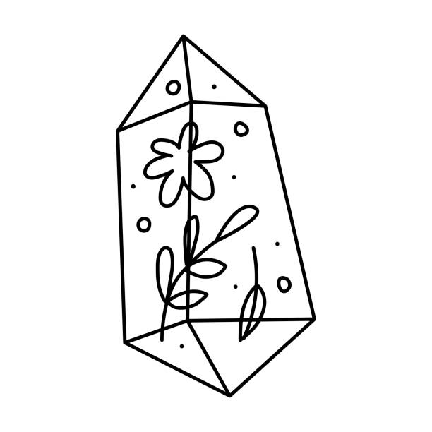ilustrações de stock, clip art, desenhos animados e ícones de crystal with flowers and leaves. magic and astrological symbol. line art, stickers or tattoo. drawing up horoscope according to the natal chart. vector illustration. - pattern information medium technology backgrounds