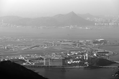 View of Hong Kong International airport and New Territories from Lantau peak, the second tallest mountain in Hong Kong, height 934 mt.