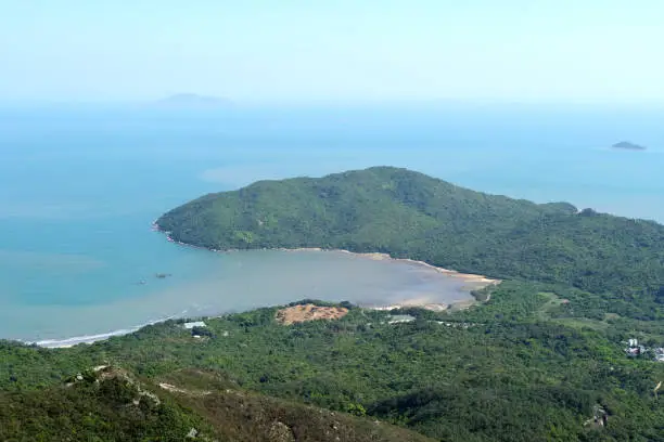 Panorama of Shui Hau Wan bay and South China sea, viewed from Middle dog teeth range, Lantau, Hong Kong.