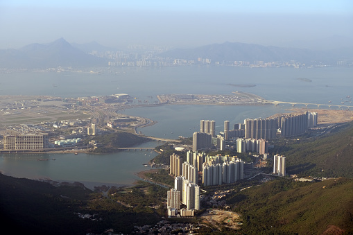 Tung Chung town and Hong Kong International airport viewed from Lantau peak, the second tallest mountain in Hong Kong, height 934 mt.