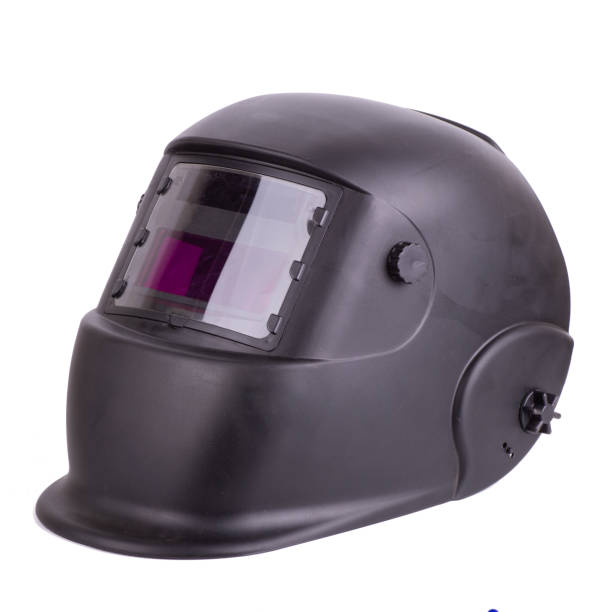 흰색 배경에 고립 된 현대 용접기 헬멧 마스크 - protective workwear hat violence construction 뉴스 사진 이미지