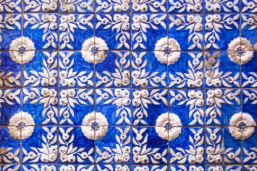 Ancient colorful decorated tiles, full frame close-up view. Old town Valença do Minho, Minho, Portugal.